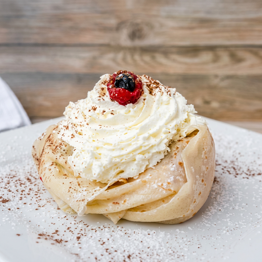 Crêpe roll with whipped cream and berries