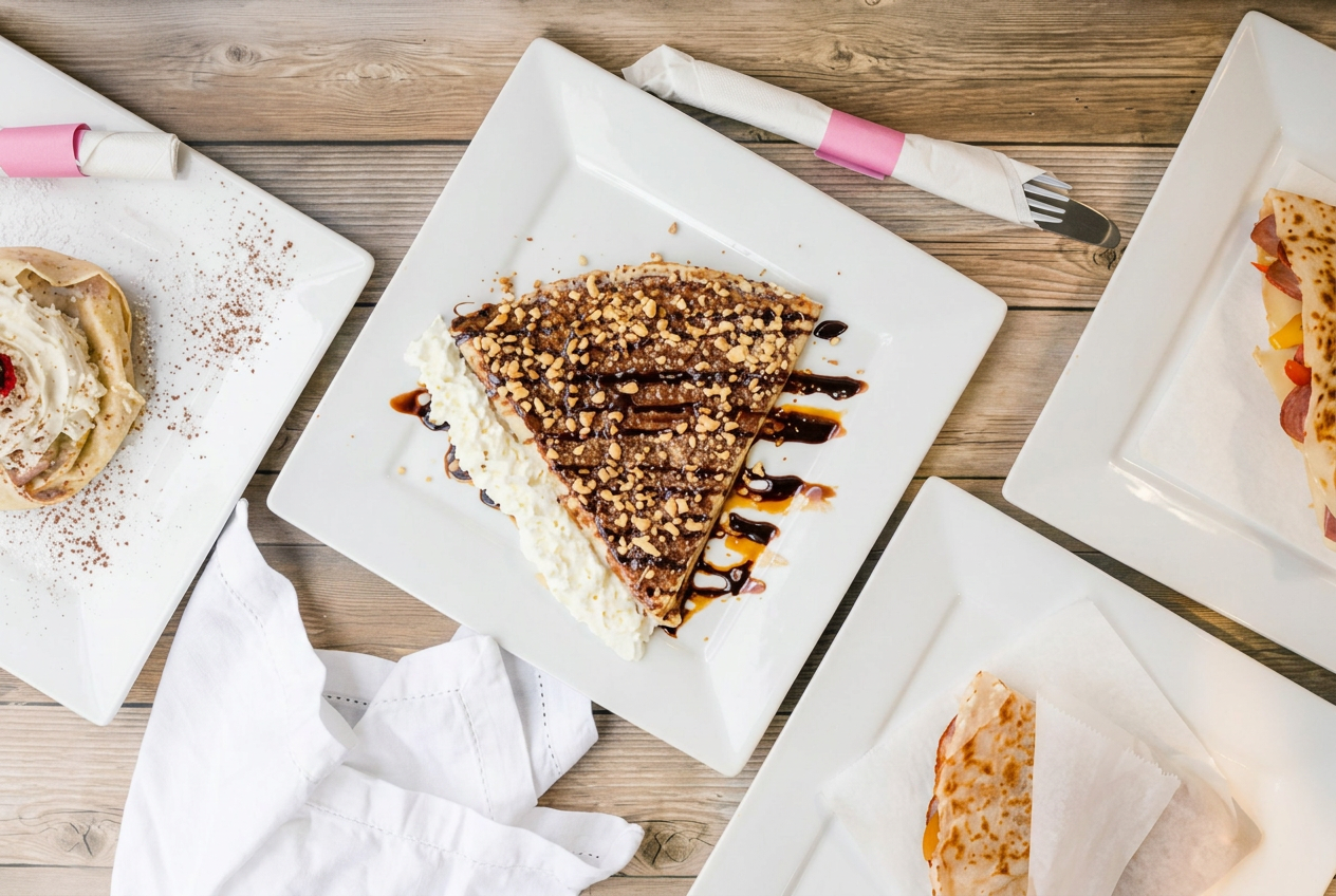 Crêpe plates on a wooden table